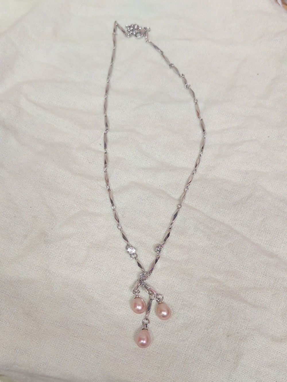 Silver Necklace with Pink Pearl Drop Pendant